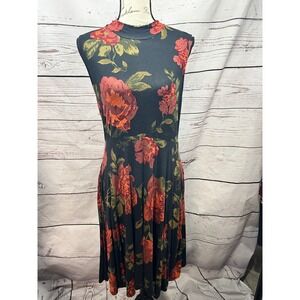 Agnes & Dora Womens XL Black Floral Mock Neck Sleeveless Fit Flare Midi Dress